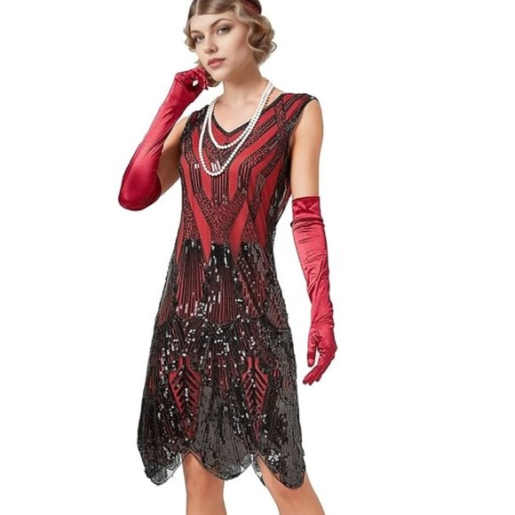 Red & Black Sequin & Beaded 1920s Flapper Gatsby Cocktail Dress L 10-12 - Picture 2 of 5